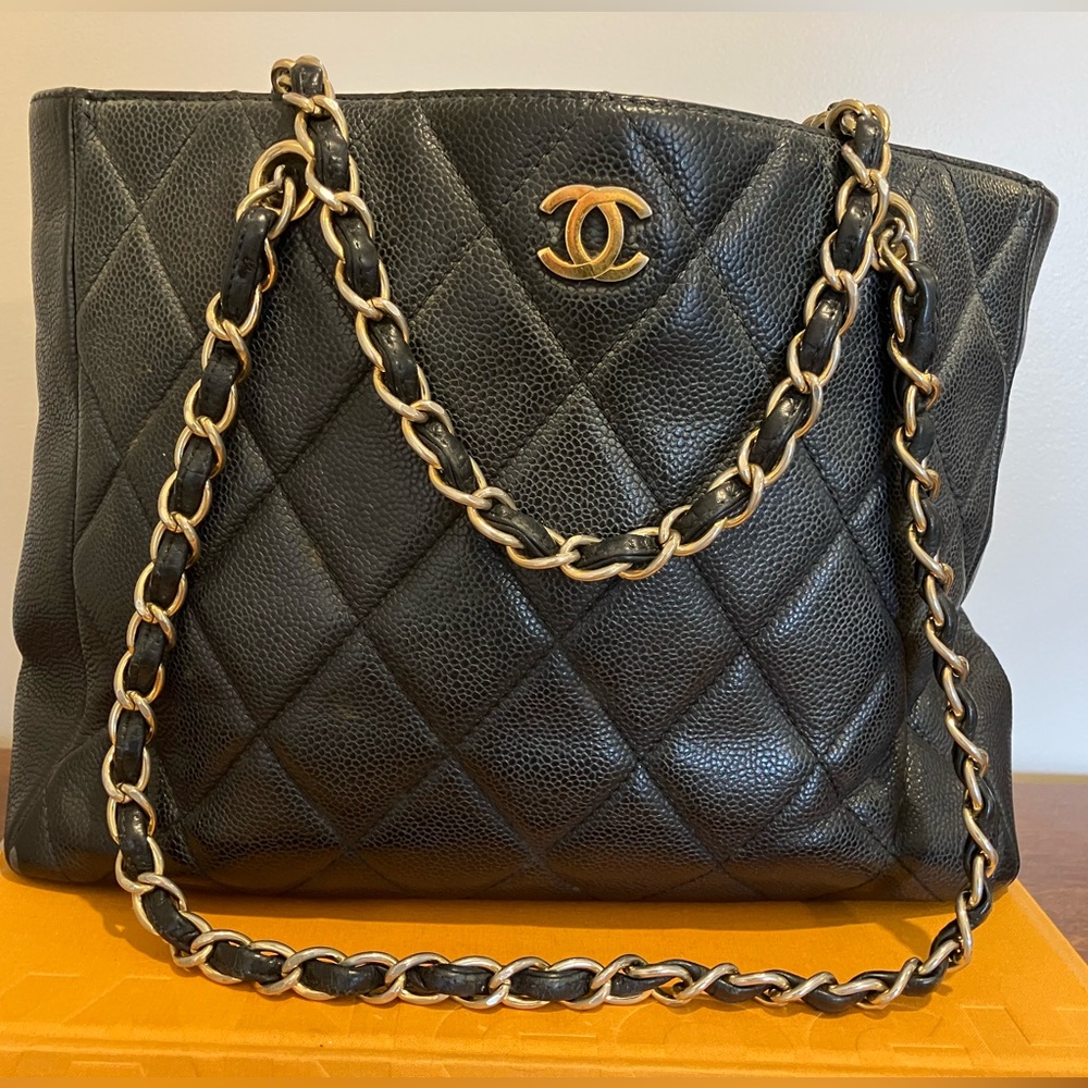 Chanel Black Quilted Caviar Leather Shopper Tote Vintage